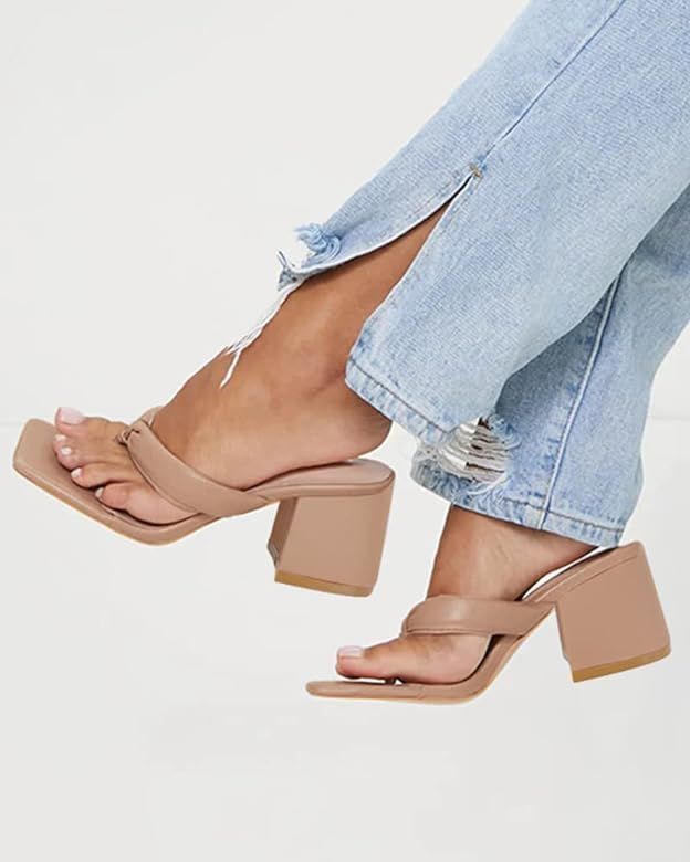 Trish Lucia Women's Split-toe Block Heel Slides Sandals Square Toe Slippers Casual Slip On Leathe... | Amazon (US)
