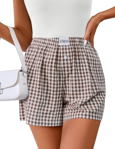 LOMON Womens Boxer Shorts Casual Summer 2026 Pajama Lounge Sleep Pj Gingham Plaid Shorts Y2K Beach Bottoms (Coffee White Plaid S) | Amazon (US)