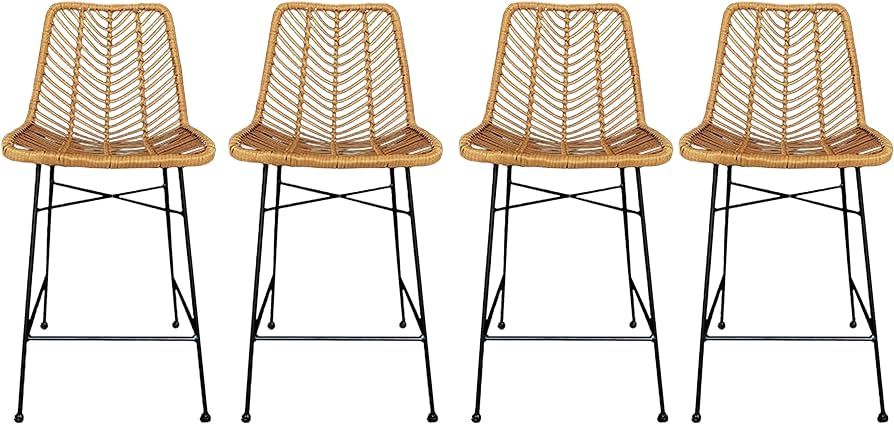 First of a Kind 40.5" Rattan Bar Stool with Black Metal Frame- Use for Indoor and Outdoor, Comfor... | Amazon (US)