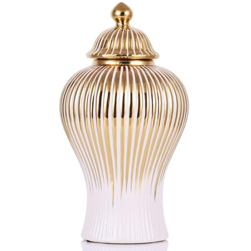 16.5" White and Gold Ceramic Ginger Jar with Lid - Modern Luxury Ceramic White Gold Ginger Jars for Home Decor, Living Room, Kitchen, Dining Table, Cabinet, Bookshelf Decor, Storage Ginger Jar | Amazon (US)
