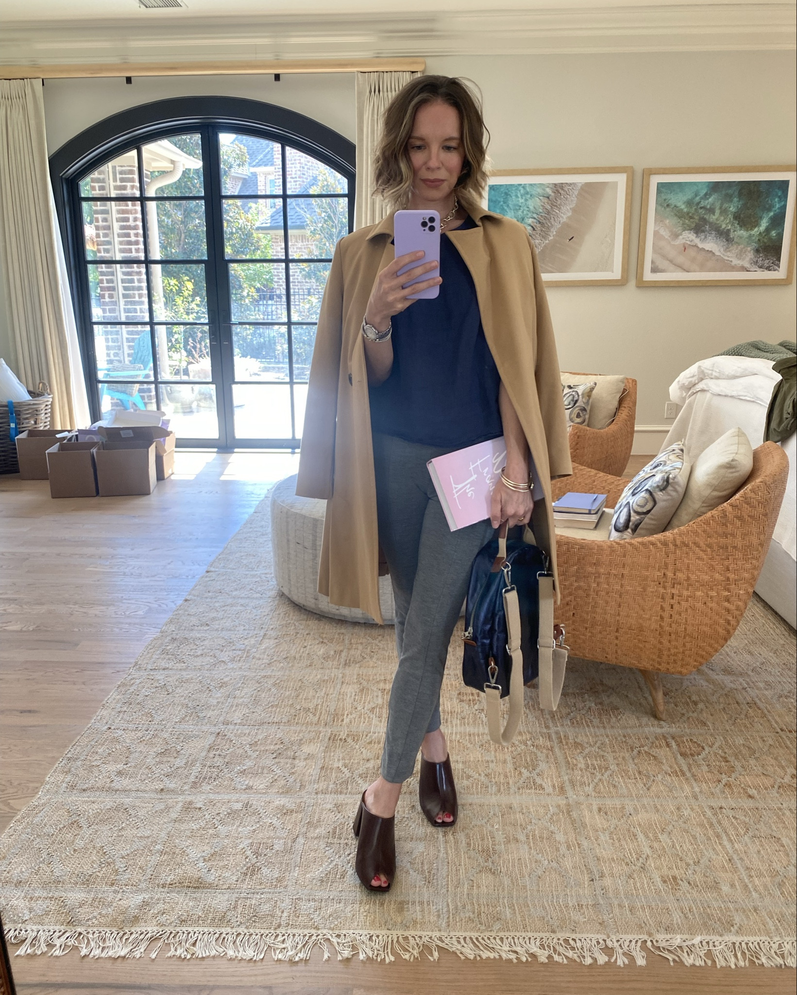 Book Club Tour stop number 7 last week. Gray pants, midnight navy top, and short camel trench coat are old. (I keep my clothes forever!!) But I linked similar. Love these stacked heel mules from Sezane. The bag isn’t available in LTK so will link directly on my insta stories. 

#LTKShoeCrush #LTKWorkwear #LTKStyleTip