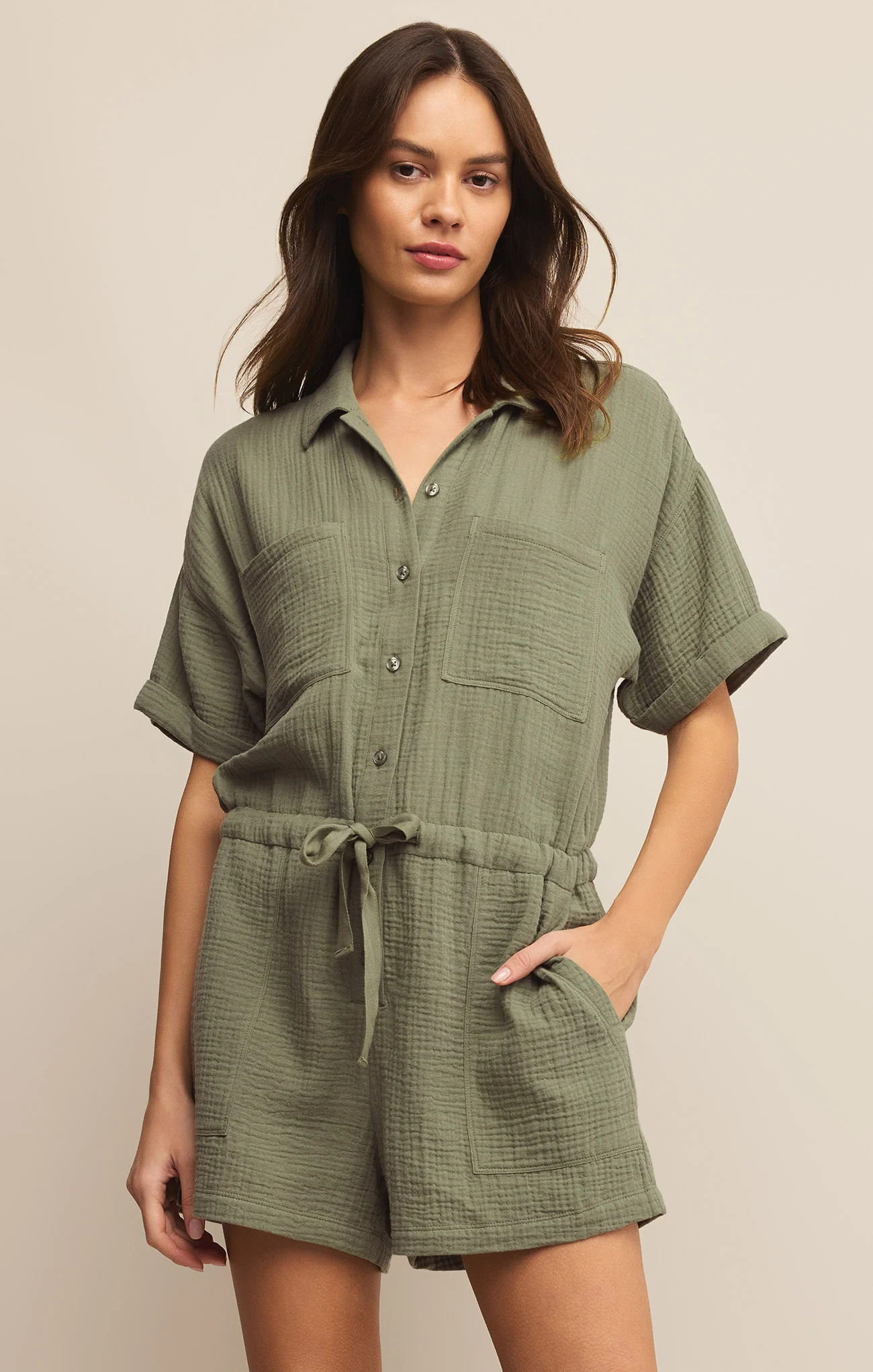 Z SUPPLY Women's Lookout Gauze Romper, Avocado, Large | Z Supply