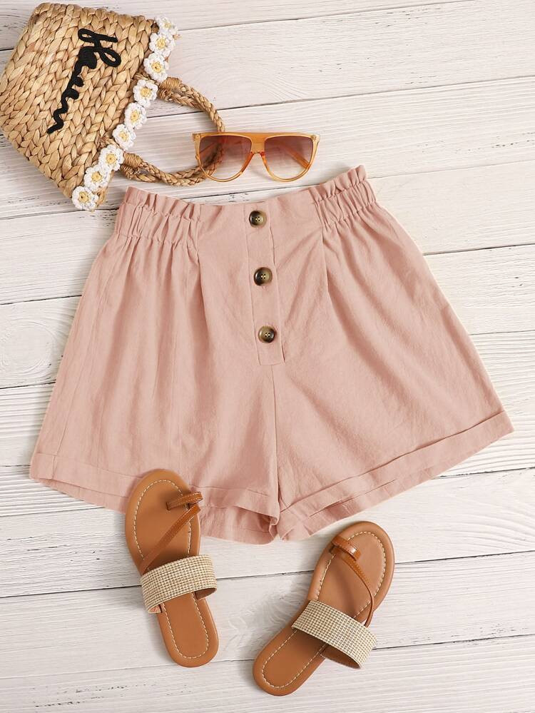 Button Detail Paperbag Waist Cuffed Shorts | SHEIN