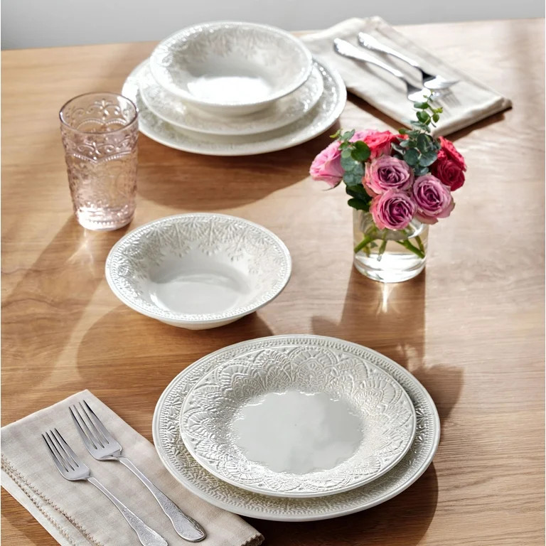 The Pioneer Woman Vintage Lace 12-Piece Ceramic Dinnerware Set, Linen | Walmart (US)