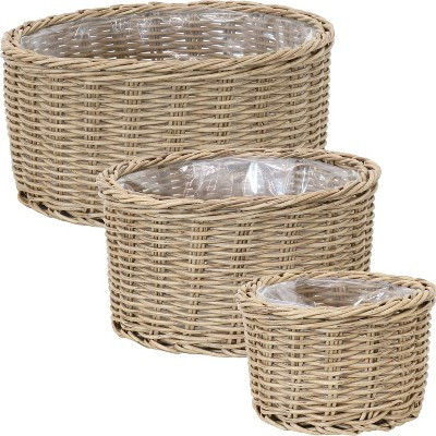 3pc Polyrattan Round Indoor/Outdoor Beige Planters - 8", 11.75" and 14" Sunnydaze Decor | Target