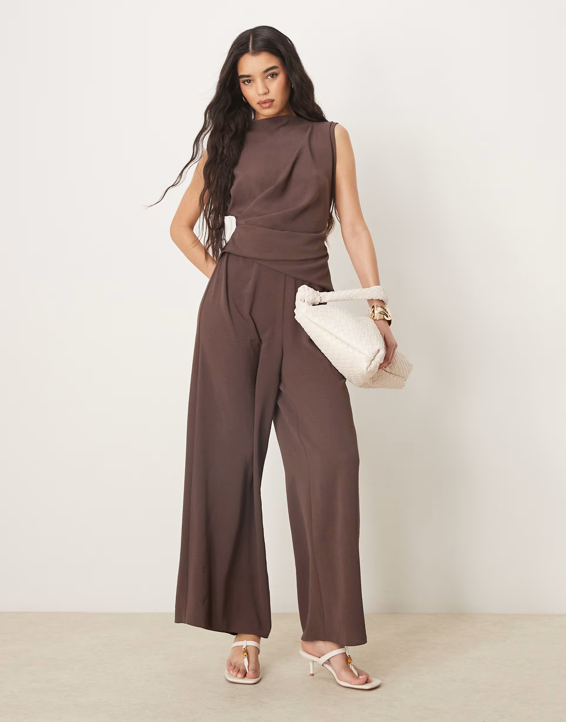 ASOS DESIGN gathered waist sleeveless jumpsuit in chocolate | ASOS (Global)