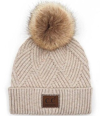C.C. BEANIES Logo Patch Heather Faux Fur Pom Beanie - Beige Mix | Dillard's
