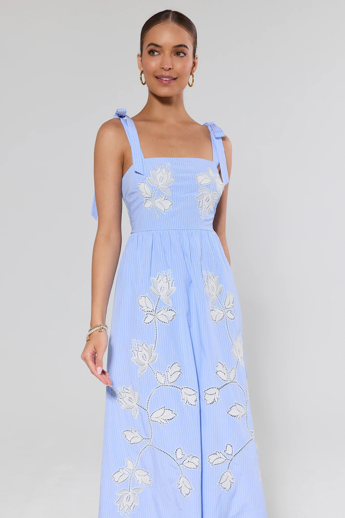 Blue Striped Embroidered Midi Dress | Avara