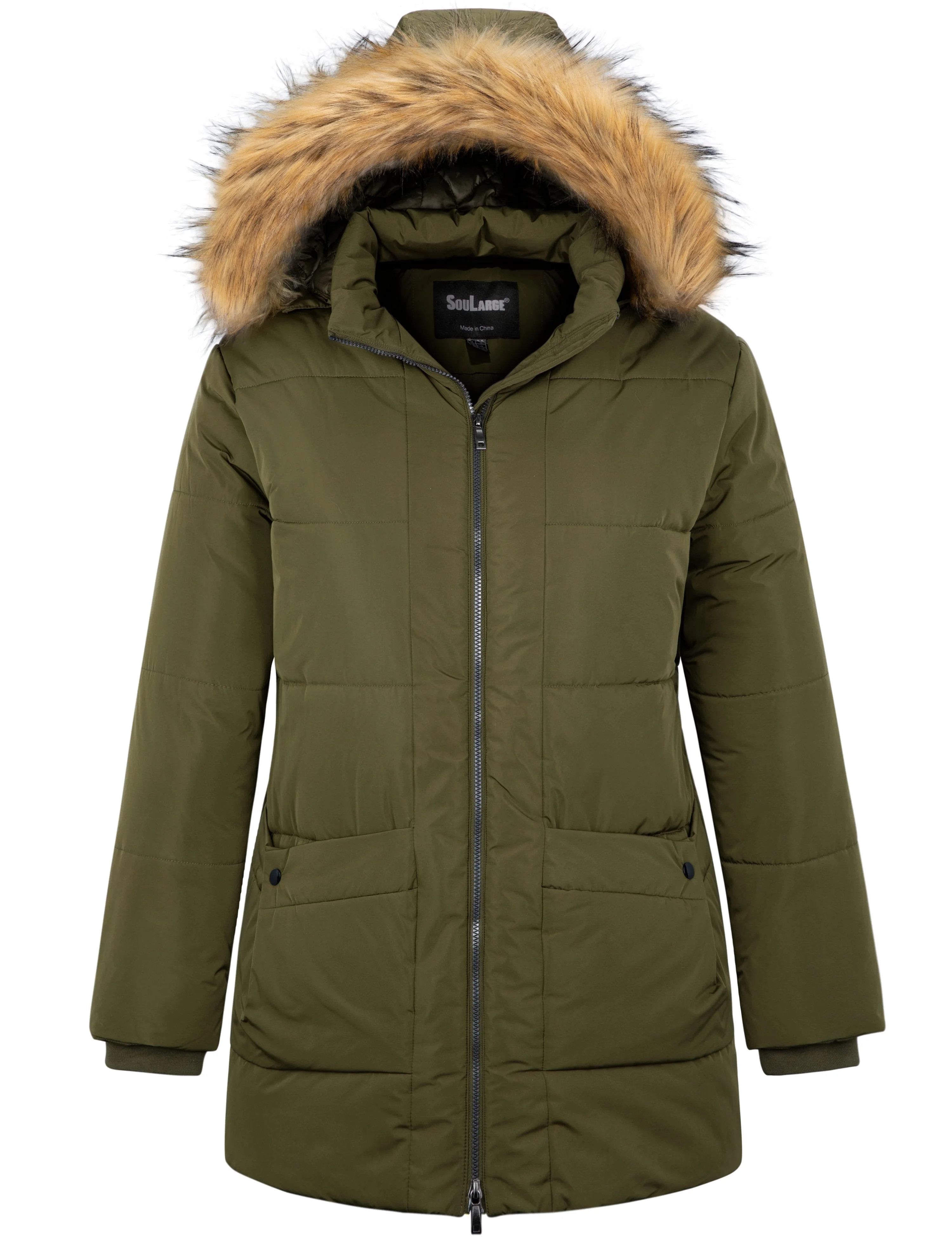 Soularge Women's Plus Size Winter Coat Warm Puffer Jacket Windproof Hooded Winter Jacket Army gre... | Walmart (US)