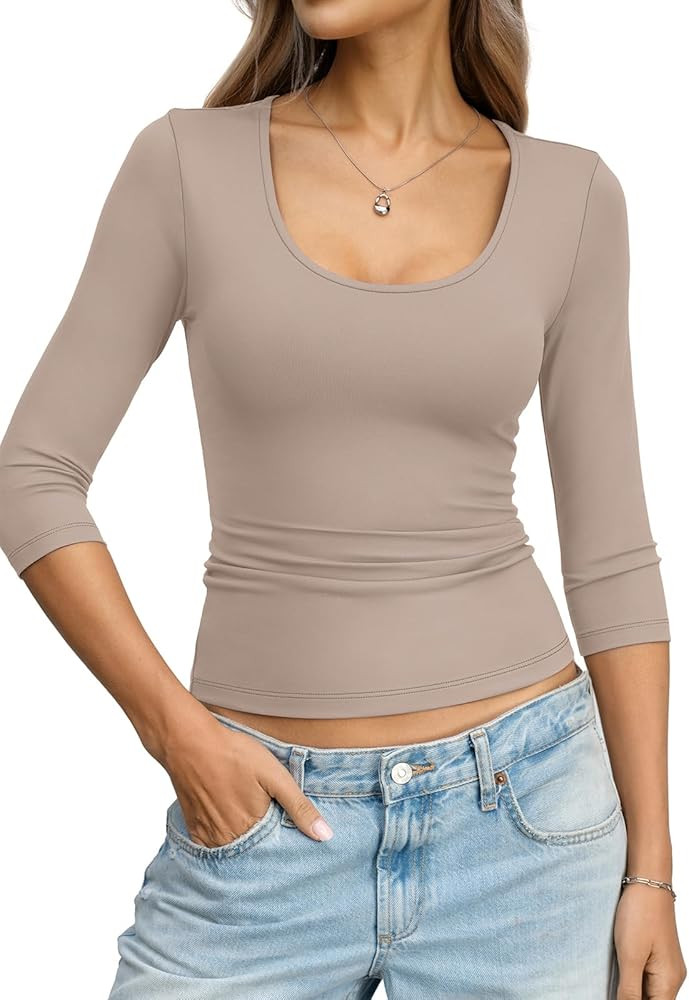 Womens 3/4 Length Sleeve Scoop Neck Tops Casual Slim Fit T-Shirts Basic Tees Spring Summer Outfit... | Amazon (US)