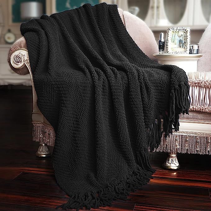 Home Soft Things Black Throw Blanket Knitted Tweed Throw 60'' x 80'', Raven, Super Soft Cozy Warm... | Amazon (US)