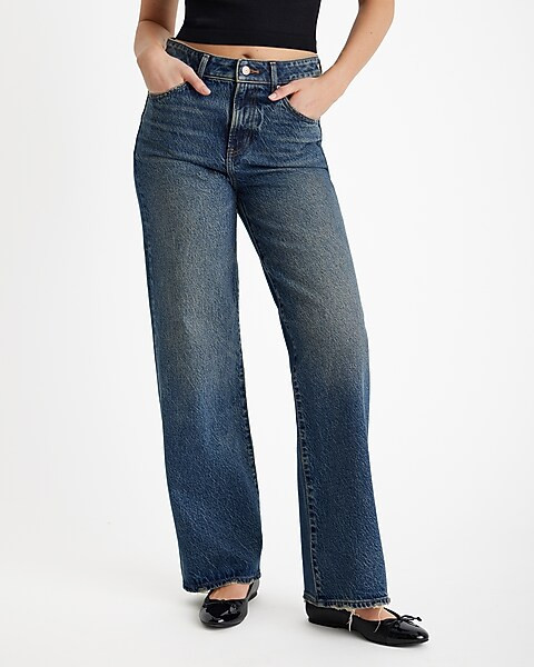 High Waisted Dark Wash 50/50 Rigid Stretch Wide Leg Jeans | Express