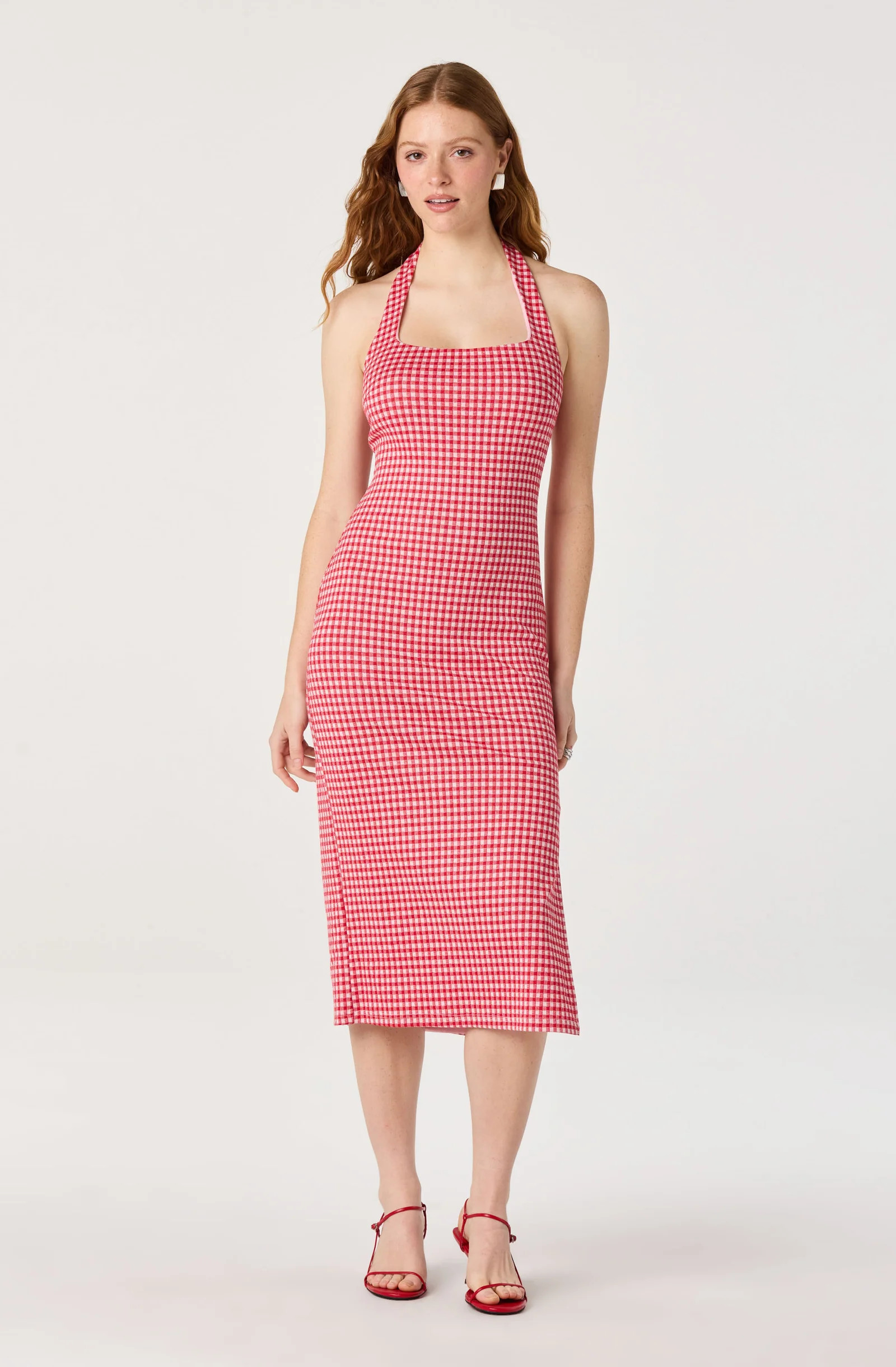 Alice Halter Gingham Fitted Midi Dress - Red gingham / XS | ASTR The Label (US)