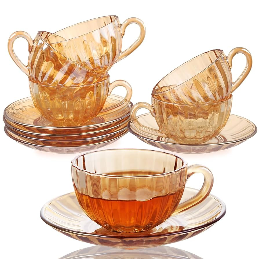 Glass Tea Cups and Saucers Set of 6, Glass Coffee Mugs with Stainless Steel Spoon, Dishwasher & M... | Amazon (US)