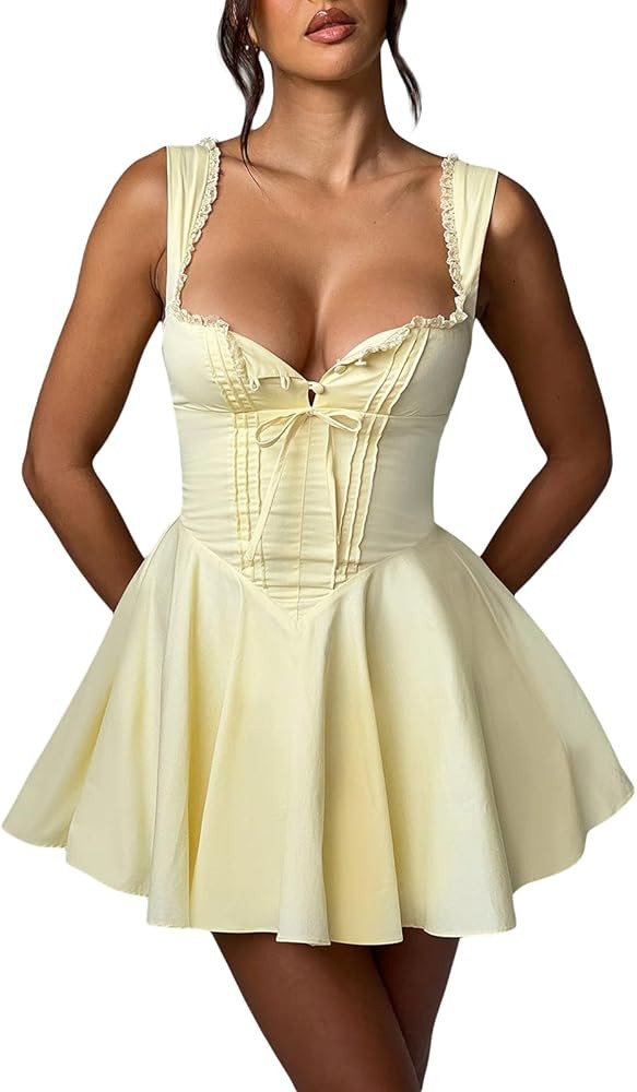 Women Y2k Corset Mini Dress Deep V Neck A-Line Backless Ruffle Hem Dress Sexy Party Club Dress | Amazon (US)