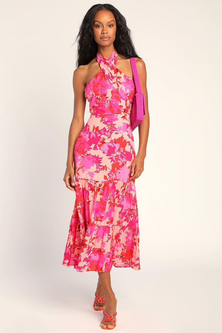 Always Eye-Catching Hot Pink Floral Tiered Halter Midi Dress | Lulus