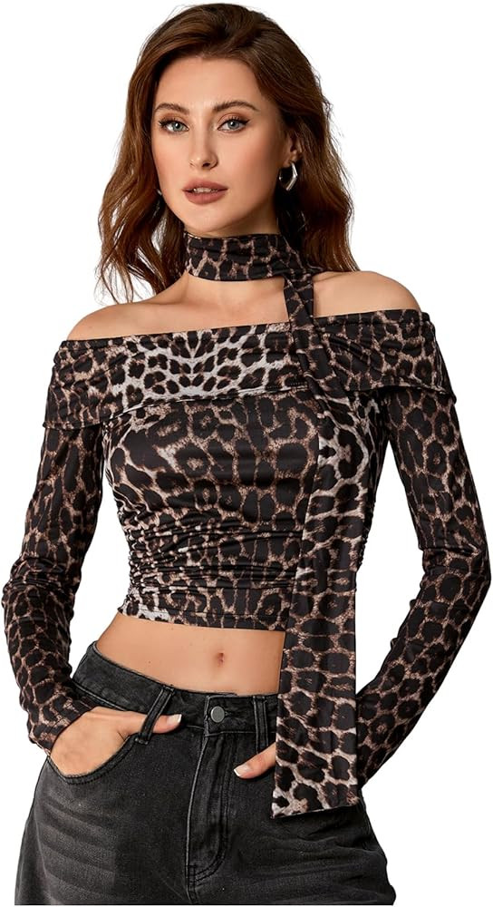 WDIRARA Women's Leopard Print Off Shoulder T Shirt Ruched Long Sleeve Y2K Slim Fitted Tee Shirt w... | Amazon (US)