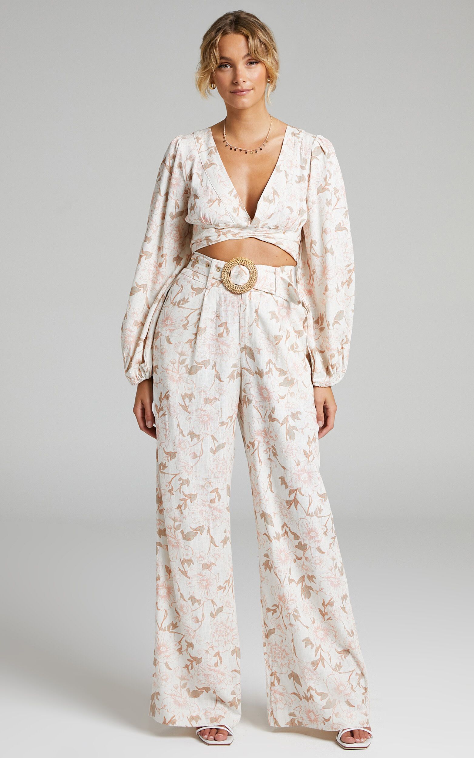 Amalie The Label - Clarette Cotton Belted High Rise Wide Leg Pant in Pink Linear Floral | Showpo | Showpo - deactived