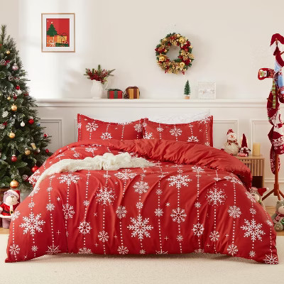 King Christmas Duvet Cover Set,  Red Snowflake, Soft Brushed Microfiber, 3-Piece Comforter Cover with 2 Pillow Shams, Button Closure, 8 Corner Ties | Target