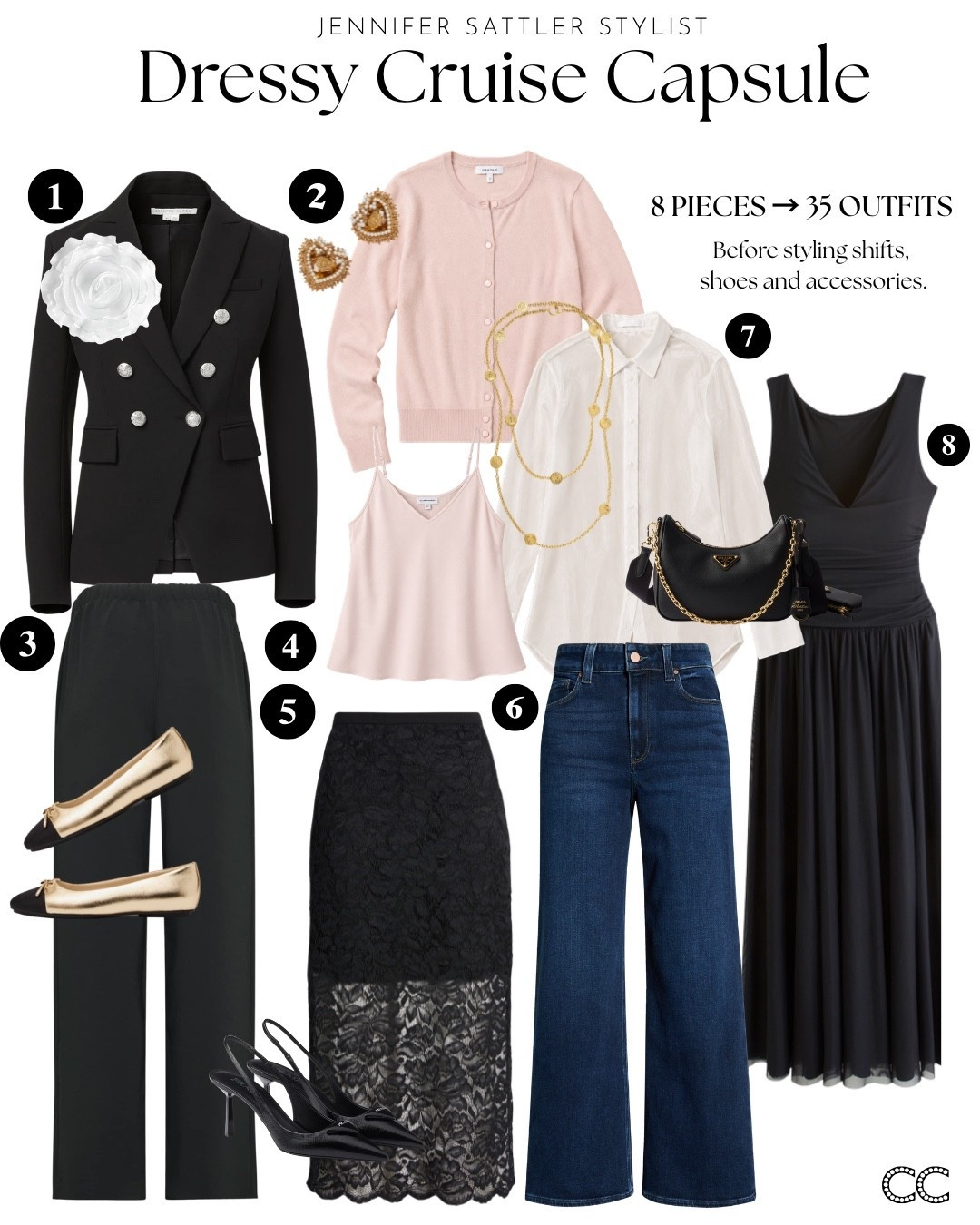 The dressy half of my Cruise Capsule is here. 🛳️

8 dressier pieces = 35 outfits, before changing a shoe, adding accessories or counting any of the styling shifts.

They’re designed to complement the 10 casual pieces that already make 77 outfits.

Next, I’m putting both halves together. That’s when the outfit math gets really good.

Save both capsules for your next cruise or vacation.