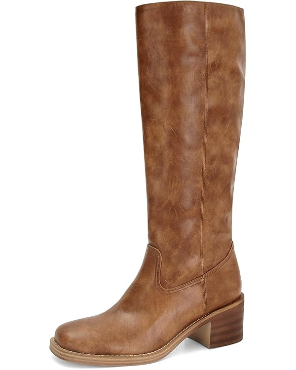 DOEYG Women's Banana Knee High Boots Square Toe Chunky Block Heel Tall Boots Wide Calf Fashion Co... | Amazon (US)