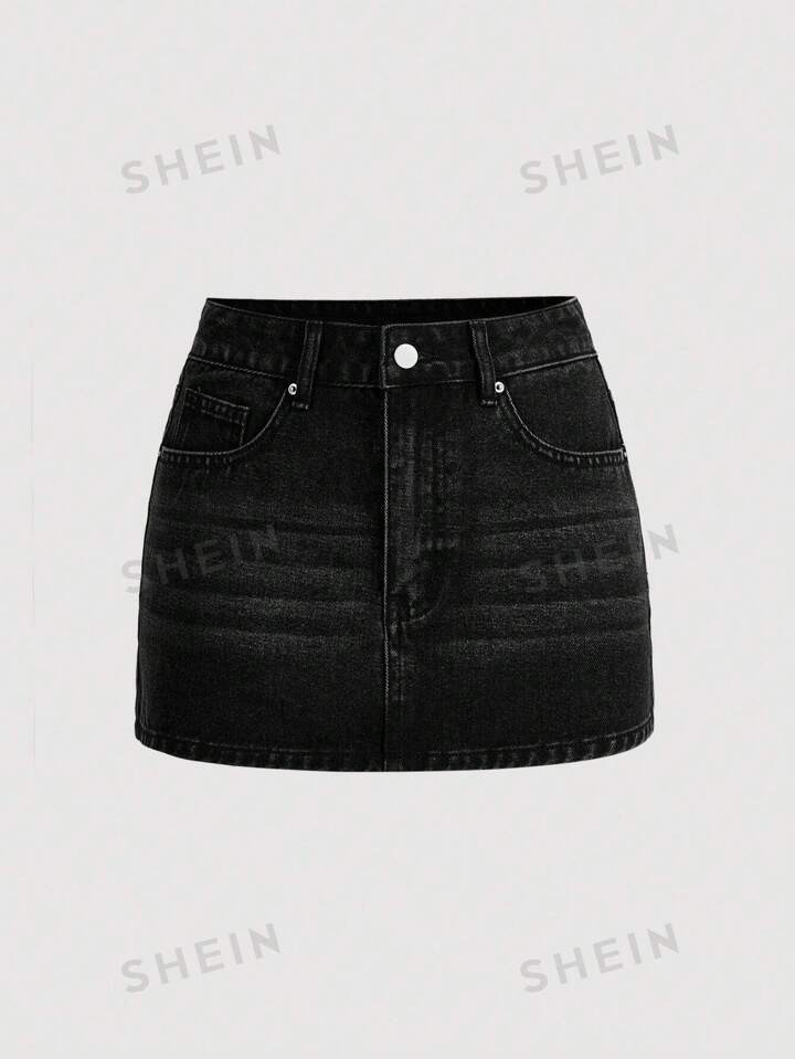 SHEIN MOD Washed Denim Skirt With Slanted Pockets | SHEIN