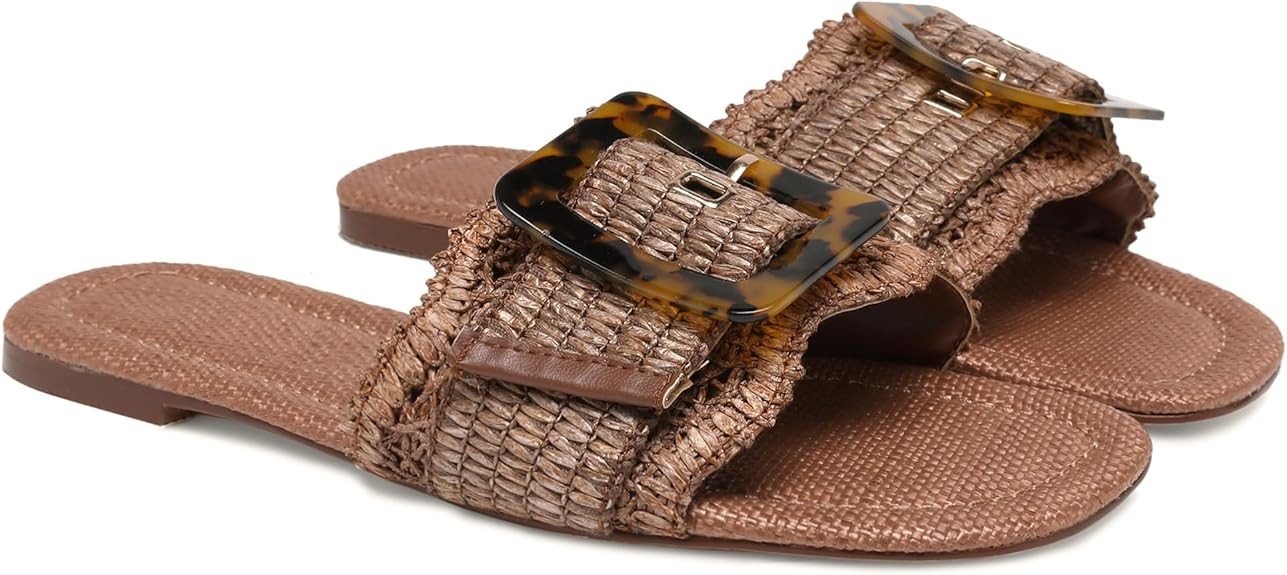 Raffia Flat Sandals for Women Woven Rattan Buckle Slide Sandals Summer Slip On Beach Sandals | Amazon (US)