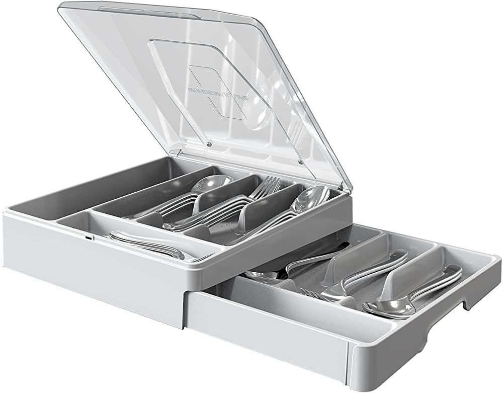 Geerna Double Layer Silverware Tray with Lid, Utensil Holder for Countertop Flatware Organizer fo... | Amazon (US)