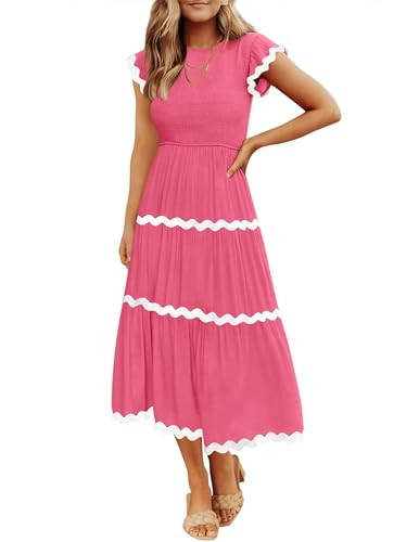 ZESICA Women's Summer Flutter Short Sleeve Smocked Midi Dress Casual High Waist Rickrack Tiered Flowy Dresses,Hot Pink,Medium | Amazon (US)