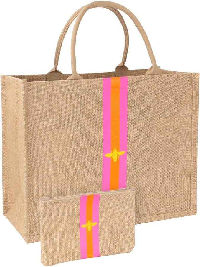 Large Beach Bag Jute Woven Pink and Orange | Amazon (US)