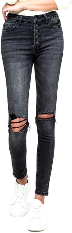 Vervet Jeans by Flying Monkey Women's Black High Rise Button Fly Distressed Ankle Skinny Jeans | Amazon (US)