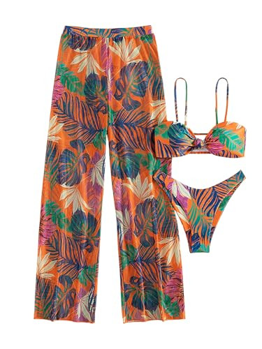 Milumia Women's 3 Piece Tropical Print Bikini Sets Twist Swimsuit with Cover Up Pants Multicolor X-Large | Amazon (US)