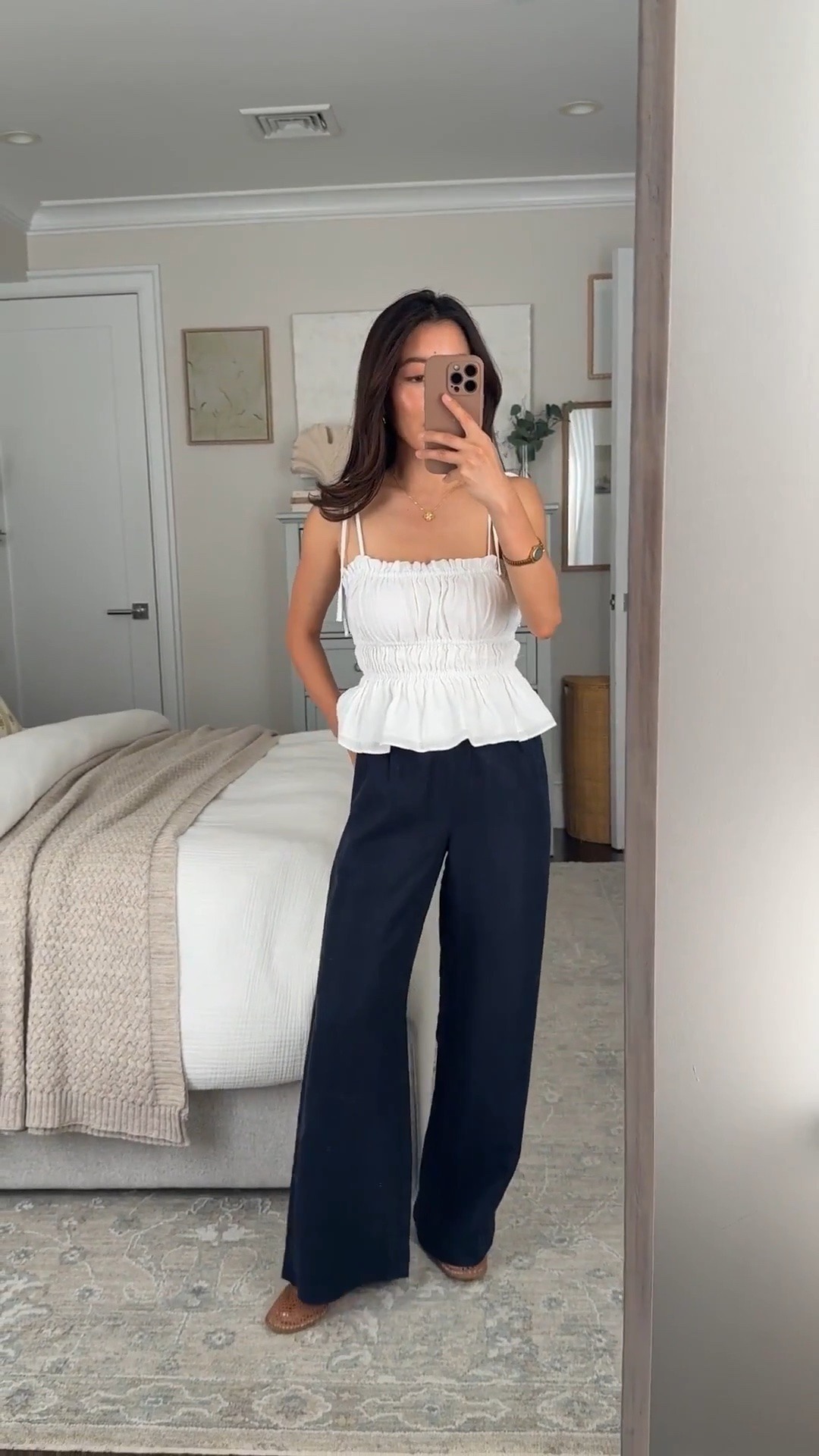 • Aritzia linen blend lodge pull on pants 2XS Short . inseam on my pair measures~ 27.75” and is shorter than the crepette version. Linen length will shrink a little in machine dryer, so be sure tonair dry if you dont want that.
- linen cami on sale xxs . I could potentially do Xs. 
- Amazon mesh flats work with insoles since the flats don’t have much cushioning 

summer 2026 outfit ideas , linen pants , petite style, navy look

#LTKootd #LTKPetite #LTKTravel