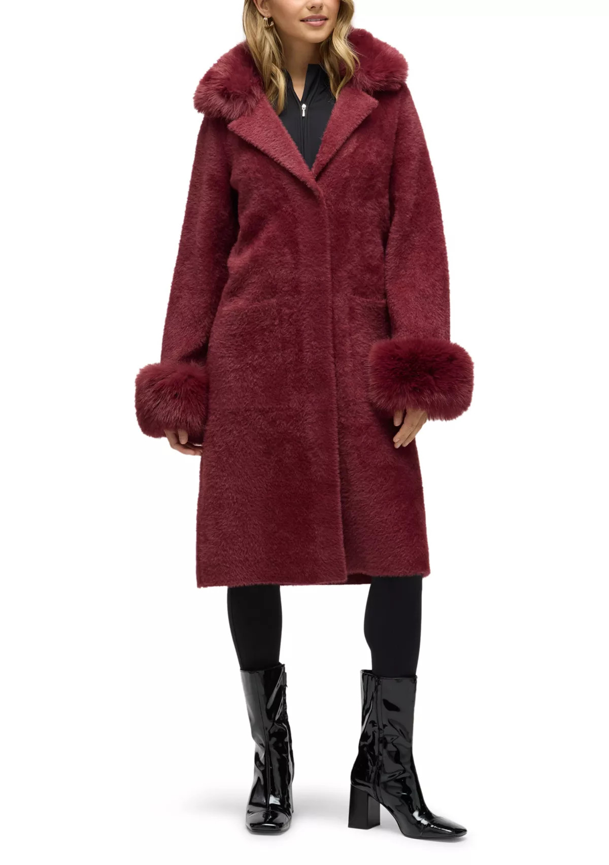 Women’s Longline Elegant Coatigan with Detachable Fur Collar and Cuffs | Belk
