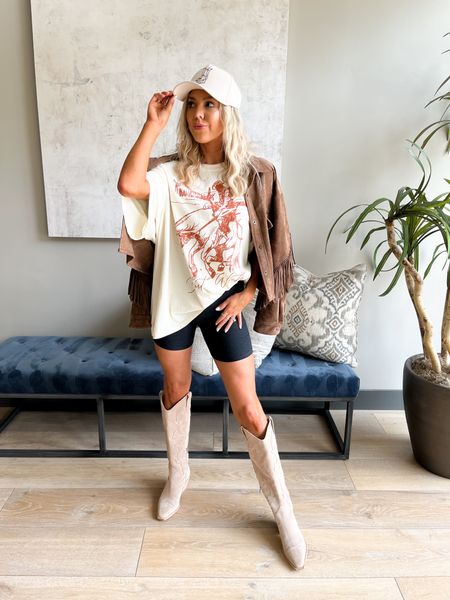 Athleisure comfy vibes but with a western flair. Love this graphic tee from revolve (XS) paired over these Beyond Yoga biker shorts (XS), cowboy boots and baseball cap

#LTKstyletip #LTKfindsunder50 #LTKfindsunder100
