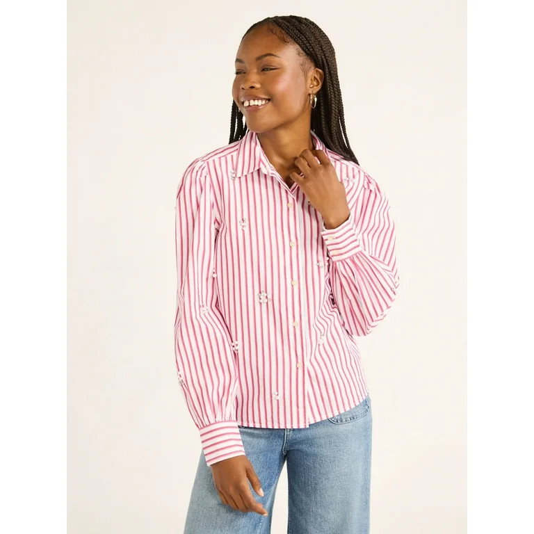 Free Assembly Women's and Women’s Plus Cotton Embellished Button Front Shirt, Sizes XS-4X | Walmart (US)