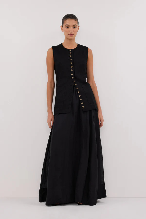TILLY BLACK LINEN LONGLINE VEST | DISSH