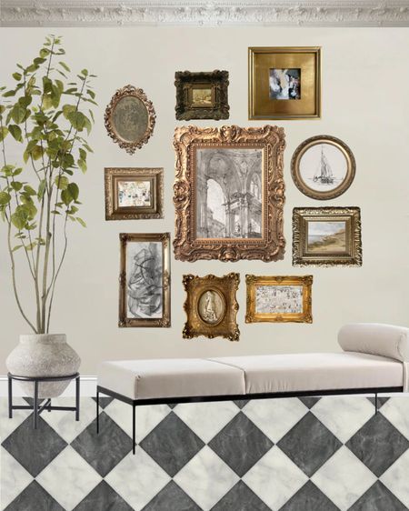 Gallery wall design 

Planter with stand, faux tree, ornate frames, vintage frames, chaise 

#LTKMostLoved #LTKhome #LTKSeasonal