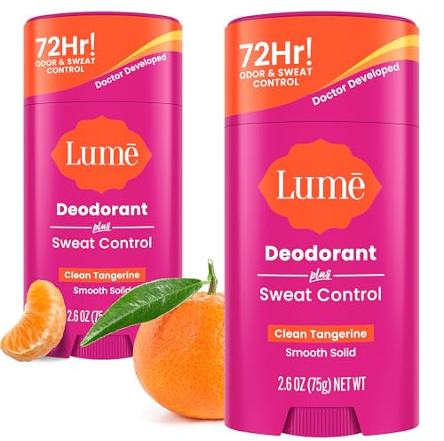 Lume Deodorant Plus Sweat Control - Smooth Solid Stick - Maximum Strength Antiperspirant - 72 Hour Odor And Sweat Control - Baking Soda Free, Skin Loving - 2.6 ounce (Clean Tangerine) Pack of 2 | Amazon (US)