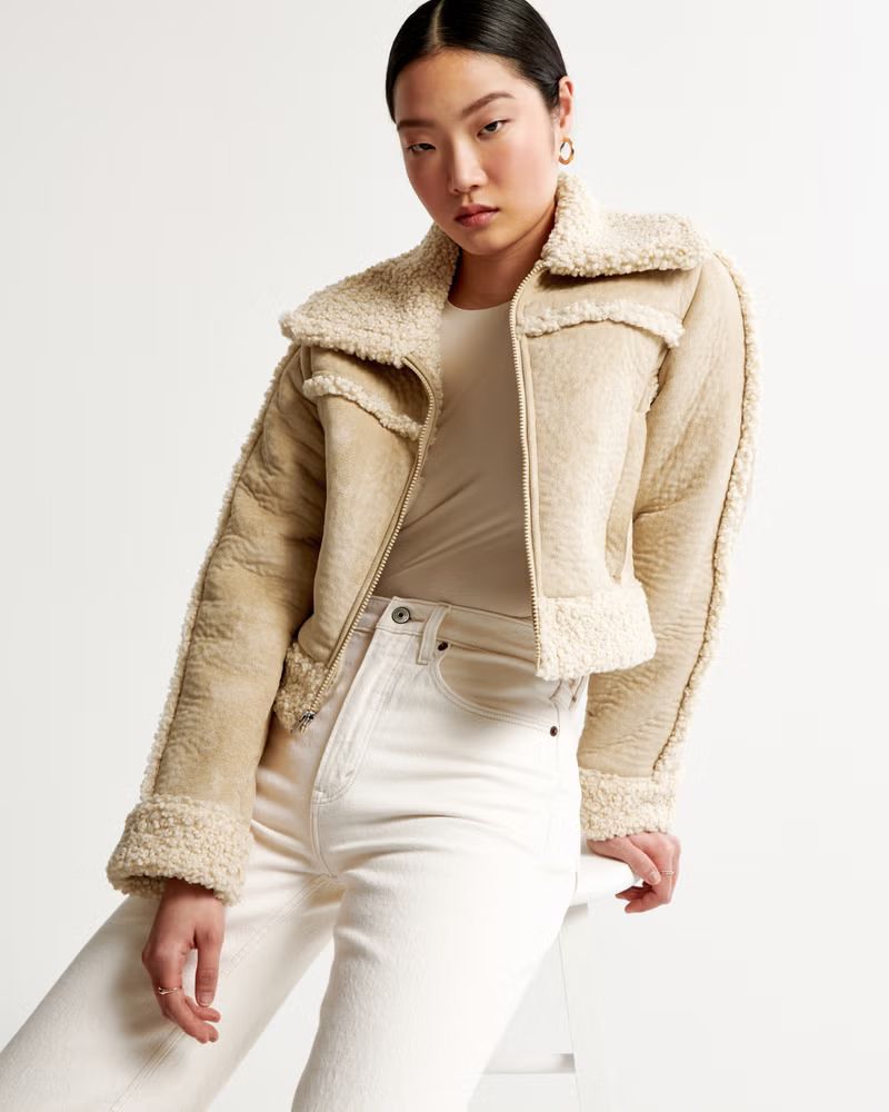Cropped Sherpa-Lined Vegan Suede Trucker Jacket | Abercrombie & Fitch (US)