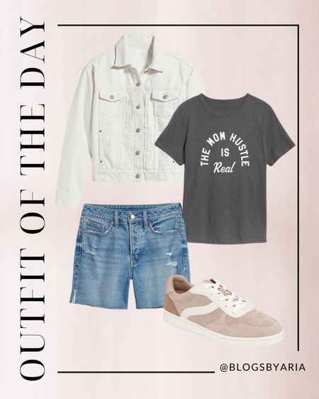 Casual outfit of the day. Spring outfit. Mom style. Mom outfit graphic tee denim shorts / casual sneakers / white denim jacket / high rise shorts / jean shorts 

#LTKunder50 #LTKstyletip #LTKSeasonal