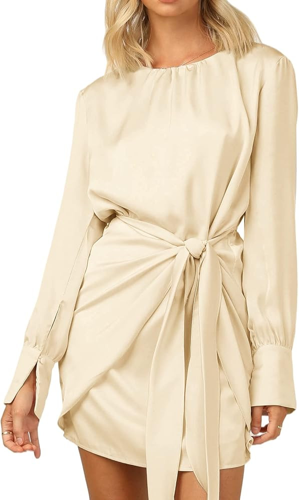 R.Vivimos Women's Satin Dress Long Sleeve Casual Wrap Ruched Tie Waist Party Mini Dress | Amazon (US)
