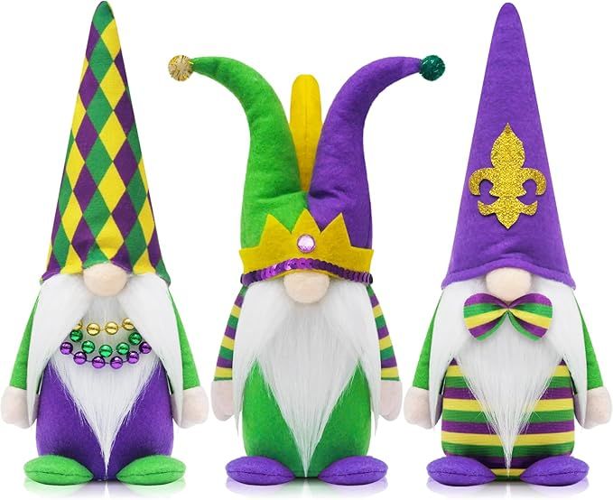 KnomeKo Mardi Gras Gnomes Party Decorations, 3 Pack Mardi Gras Beads, Mask Gnomes Plush Decor, Ne... | Amazon (US)