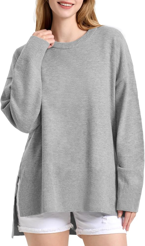ZANZEA Women's Fall Sweaters 2024 Oversized Loose Long Sleeve Crew Neck Side Slit Dressy Knit Cas... | Amazon (US)