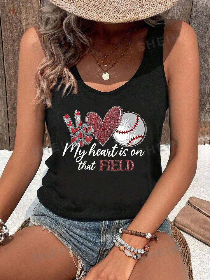 SHEIN LUNE Camiseta Sin Mangas Impresa Con El Signo De Amor Al Béisbol Y Eslogan | SHEIN