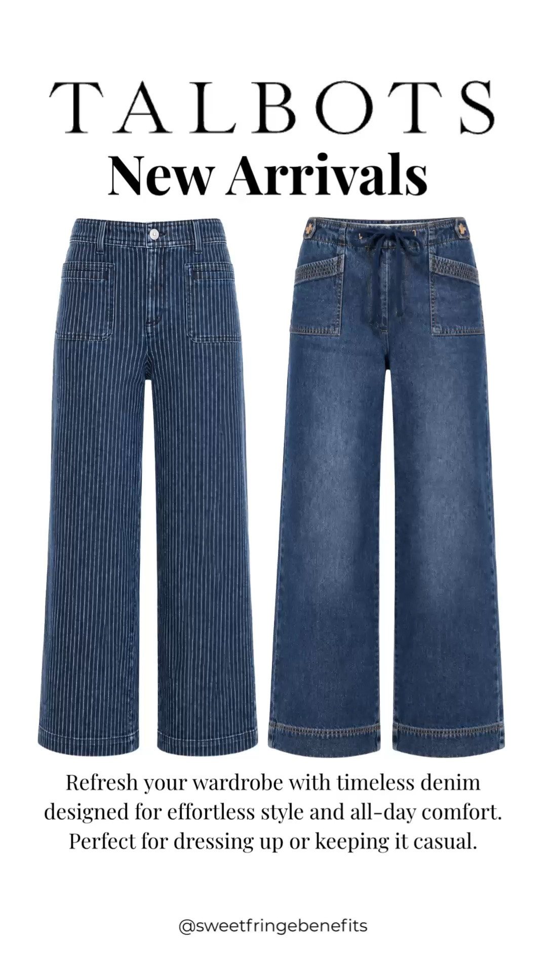 Talbots' new denim is full of timeless styles you'll reach for season after season. From classic striped wide-leg jeans to easy pull-on denim, these are comfortable, flattering, and simple to dress up or down.

💡 LTK MADE EASY
❤️ Heart = Support my posts!
🔖 Save = Get sale & restock alerts
📋 Lists = Keep favorites organized
📲 Share = Send lists and products to a friend. Hello, Christmas List!
💬 Comment = Ask me anything about what I'm wearing.:-)

#LTKOver40 #LTKTravel #LTKWorkwear