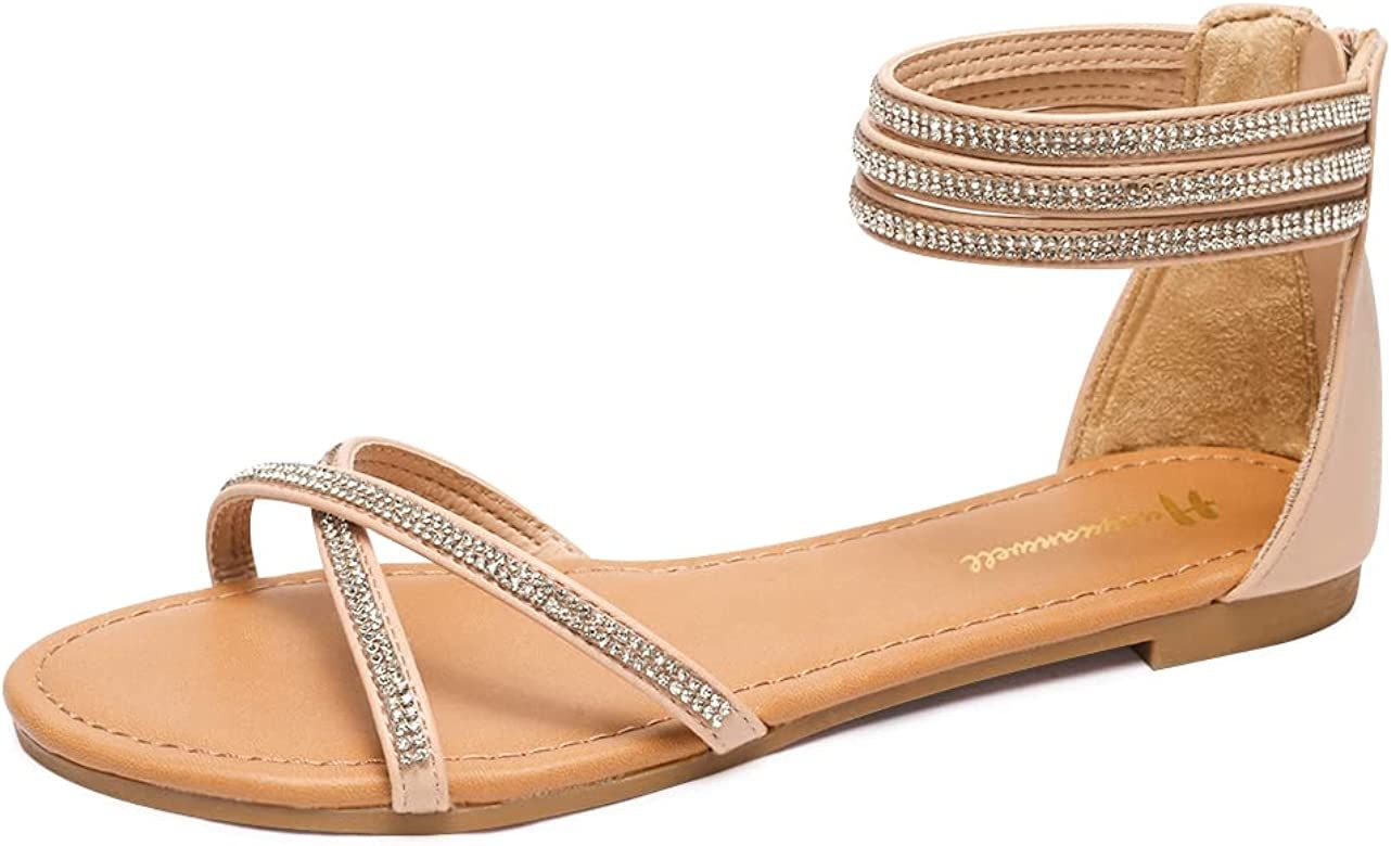 Women's Rhinestones Flat Sandals Ankle Strap Sandals Strappy Sandals Comfort Open Toe Gladiator F... | Amazon (US)