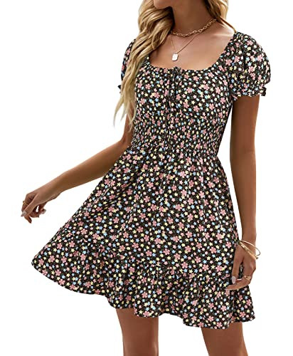 Heysolo Womens Boho Floral Smocked Square Neck Short Sleeve Ruffle Beach Summer Mini Dress | Amazon (US)