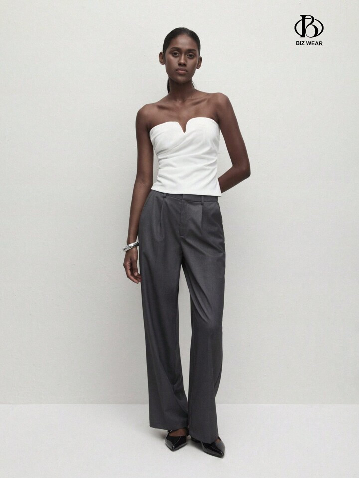 BizChic Top Ajustada Franzida Sólida Branca para Mulheres, Top Elegante para Senhoras no Outono | SHEIN