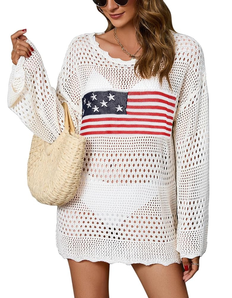 Women's Long Sleeve Swimsuit Cover Up American flag Summer Bikini Swimwear Plus Size Dress | Amazon (US)